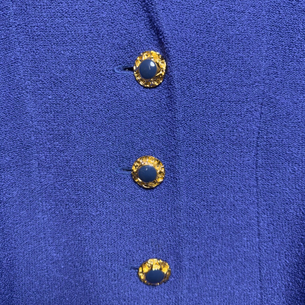 St. John Women Blazer 6 Blue Knit Gold Button V-Neck Long Sleeve Jacket Gold - Picture 2 of 8